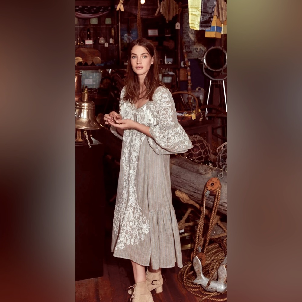 Anthropologie Maeve Tisdale Embroidered Tassel Stripe Dress - Gray